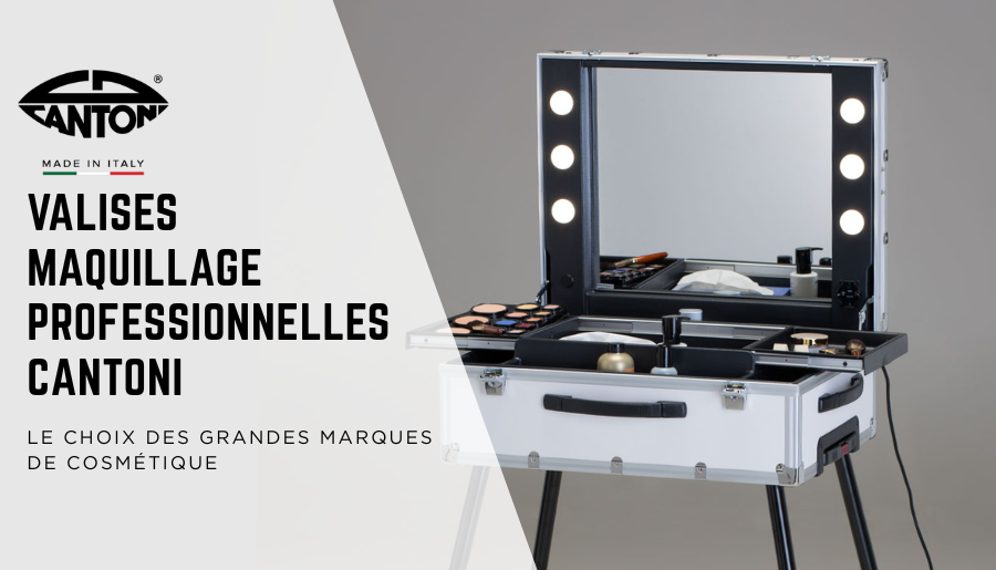 Valise de maquillage professionnelle Cantoni ouverte, avec miroir éclairé et produits de maquillage